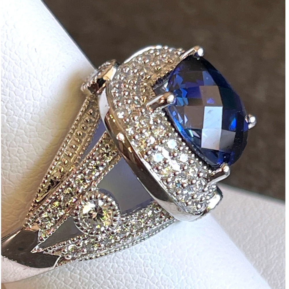 Sterling Silver Cushion-Cut Blue Simulated Sapphire &CZ Halo Statement Ring SZ10 - Picture 5 of 10